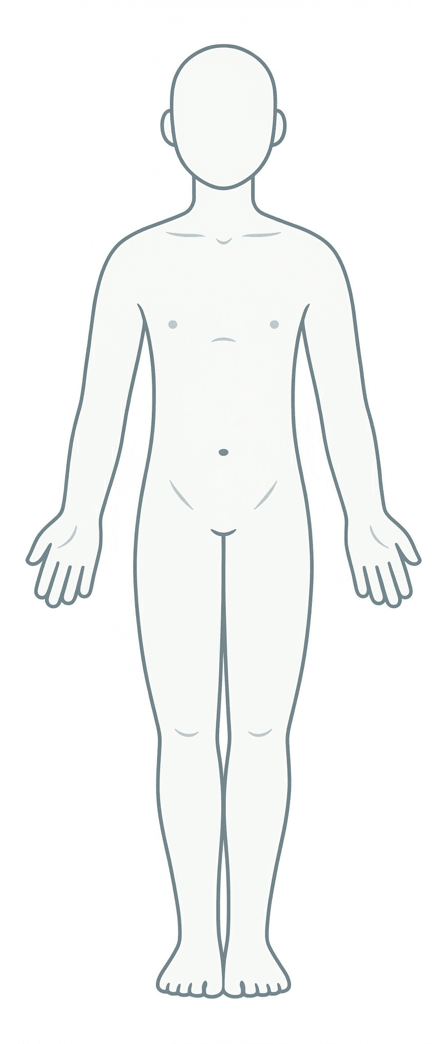 Human body outline with example symptom markers on stomach, wrist, and leg